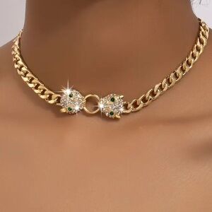 Choker necklace NIP Double head leopard, Clear rhinestones. Max 16.5” 1/4” wide